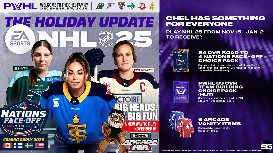 EA SPORTS™ NHL® 25 DESVELA SU GRAN ACTUALIZACIÓN NAVIDEÑA QUE INCLUYE LA LIGA PROFESIONAL DE HOCKEY FEMENINO, LA NUEVA SERIE ARCADE DE LA NHL Y 4 NATIONS FACE-OFF  